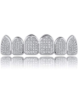 canjoyn 18K Gold Plated All Iced Out Luxury Cubic Zirconia Face Diamond Gold Teeth Grillz Set with Molding Bars Included for Men Women