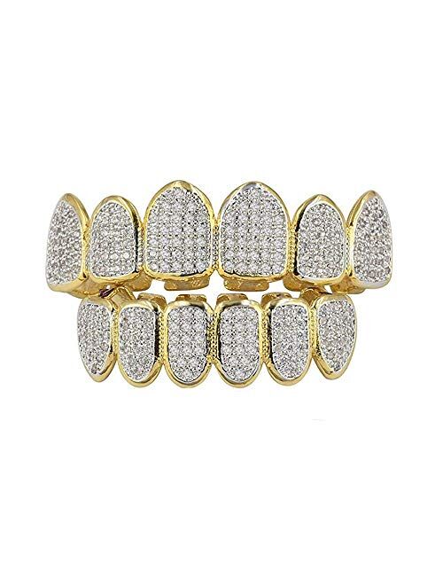 canjoyn 18K Gold Plated All Iced Out Luxury Cubic Zirconia Face Diamond Gold Teeth Grillz Set with Molding Bars Included for Men Women