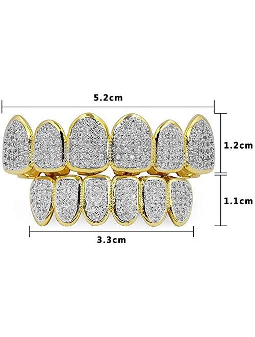 canjoyn 18K Gold Plated All Iced Out Luxury Cubic Zirconia Face Diamond Gold Teeth Grillz Set with Molding Bars Included for Men Women