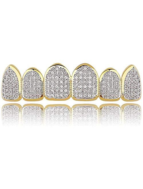 canjoyn 18K Gold Plated All Iced Out Luxury Cubic Zirconia Face Diamond Gold Teeth Grillz Set with Molding Bars Included for Men Women