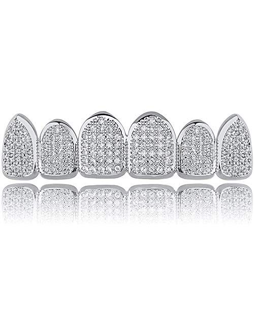 canjoyn 18K Gold Plated All Iced Out Luxury Cubic Zirconia Face Diamond Gold Teeth Grillz Set with Molding Bars Included for Men Women