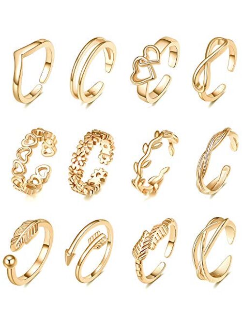 TOBENY 12PCS 14K Gold Plated Adjustable Toe Rings for Women Flower Arrow Band Open Tail Ring Women Beach Foot Jewelry Set