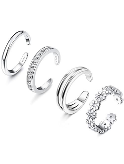 Adramata 4 Pcs 925 Sterling Silver Toe Rings for Women Open Adjustable Band Rings Jewelry Set