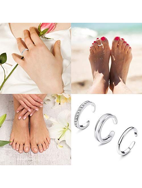 Sllaiss 925 Sterling Silver Toe Rings for Women Hypoallergenic Adjustable Open Cuff Toe Ring Platinum Plating Cubic Zirconia Toe Rings Foot Jewelry