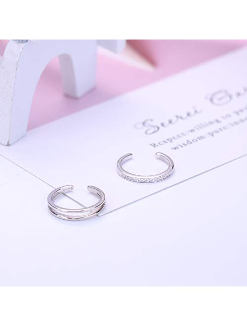 Sllaiss 925 Sterling Silver Toe Rings for Women Hypoallergenic Adjustable Open Cuff Toe Ring Platinum Plating Cubic Zirconia Toe Rings Foot Jewelry