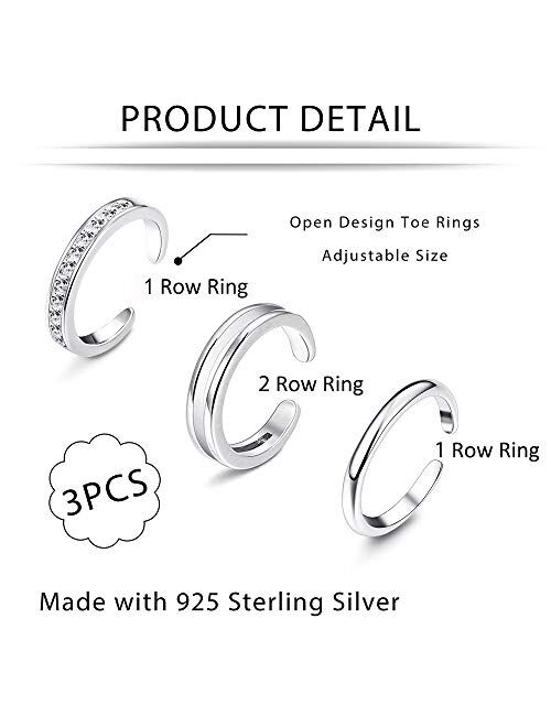 Sllaiss 925 Sterling Silver Toe Rings for Women Hypoallergenic Adjustable Open Cuff Toe Ring Platinum Plating Cubic Zirconia Toe Rings Foot Jewelry