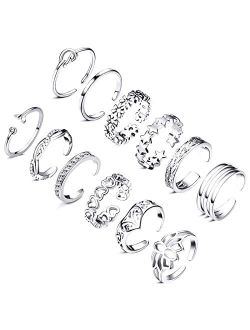 Honsny 12PCS Toe Rings for Women,14K Gold Adjustable Cubic Zirconia Twist Band Open Toe Ring Set,Beach Boho Foot Jewelry