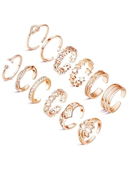 Honsny 12PCS Toe Rings for Women,14K Gold Adjustable Cubic Zirconia Twist Band Open Toe Ring Set,Beach Boho Foot Jewelry