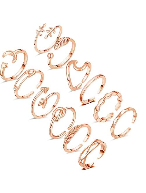 Honsny 12PCS Adjustable Knuckle Rings for Women, 14K Simple Gold Stacking Rings Pack, Open Knot Wave Star Moon Dainty Thumb Ring, Cute Silver Rings Set for Teen Girls