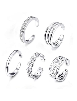 FUNRUN JEWELRY 5PCS Adjustable Toe Ring for Women Girls Open Tail Ring Band Hawaiian Foot Jewelry