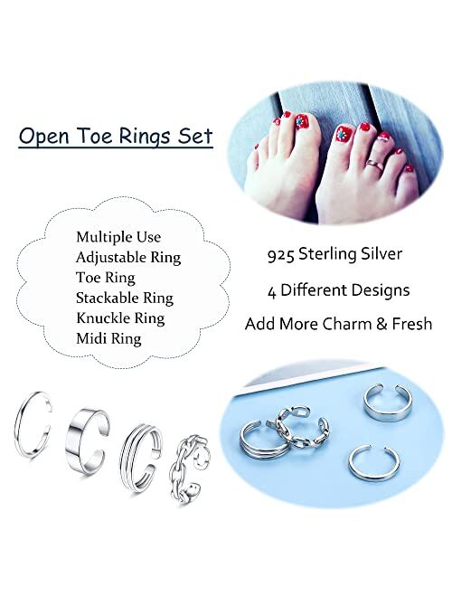 ORAZIO 925 Sterling Silver Toe Rings For Women Adjustable Triple Band Toe Ring Set Cute Toe Rings Jewelry