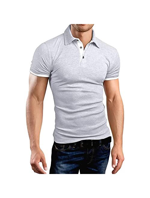 A WATERWANG Men's Short Sleeve Polo Shirts, Slim-fit Cotton Golf Polo Shirts Basic Designed