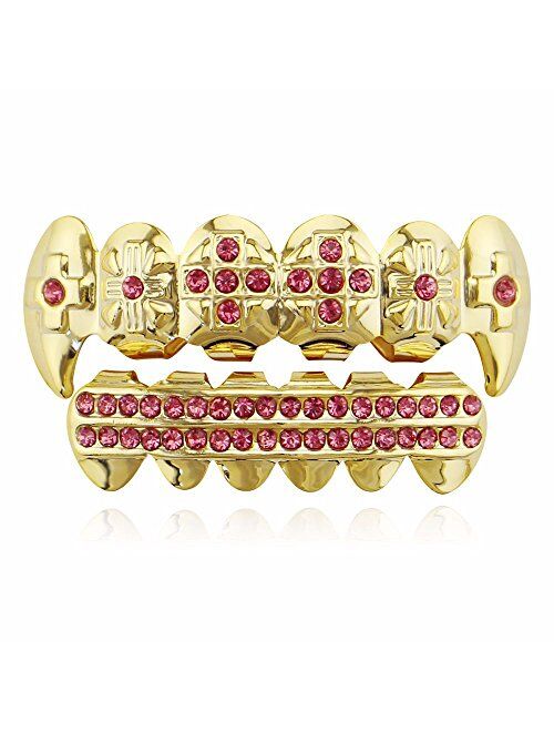 OOCC 18K Gold Plated Hip Hop Grillz CZ Top and Bottom Grills for Your Teeth with Red Diamond