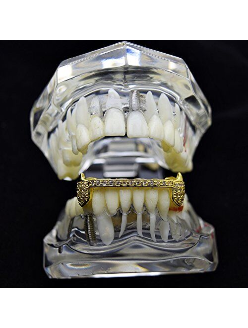 Best Grillz Fang Grillz 14k Gold Plated Lower Half Teeth CZ Cubic Zirconia Slim Bar Vampire Fangs Grills