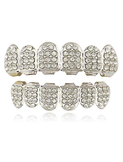 OOCC 18k Gold 6 Teeth Grillz Hip Hop Joker Diamond Top & Bottom Teeth Caps Grillz Set