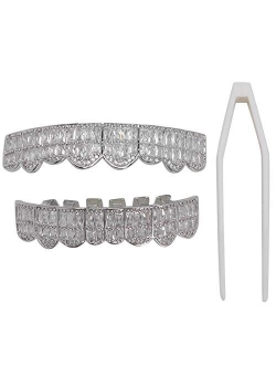 Filfeel Grillz Teeth Set Hip Hop Teeth Grills Iced Out Teeth Decoration for Men Women(Silver)