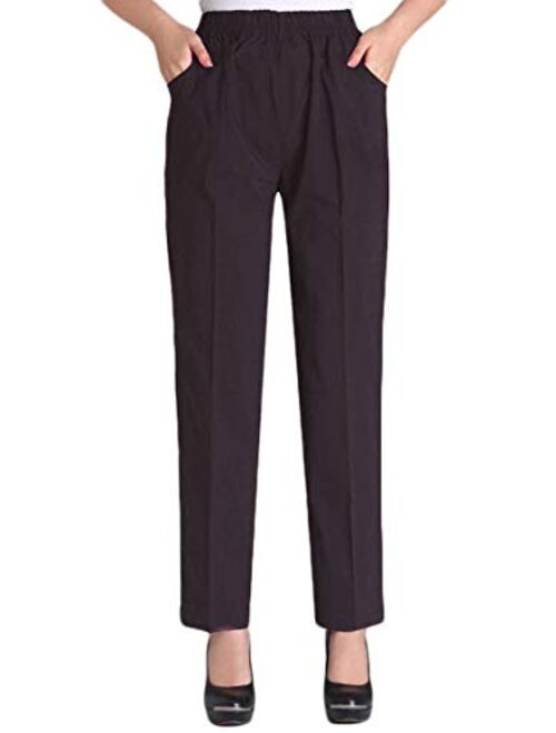 Soojun Womens Summer Elastic Waist Comfy Stretch Pull On Pants