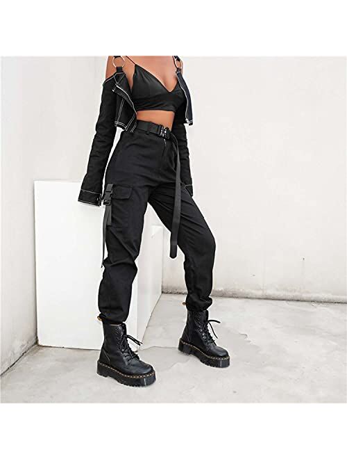 JEAAMKSSER Womens High Waisted Black Cargo Pants with Pockets Baggy Solid Y2k Streetwear Pants