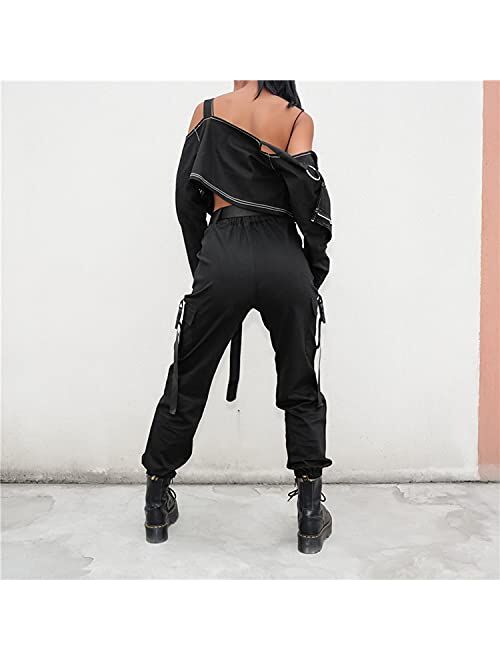 JEAAMKSSER Womens High Waisted Black Cargo Pants with Pockets Baggy Solid Y2k Streetwear Pants