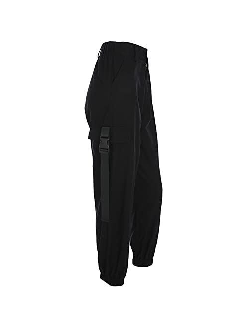 JEAAMKSSER Womens High Waisted Black Cargo Pants with Pockets Baggy Solid Y2k Streetwear Pants