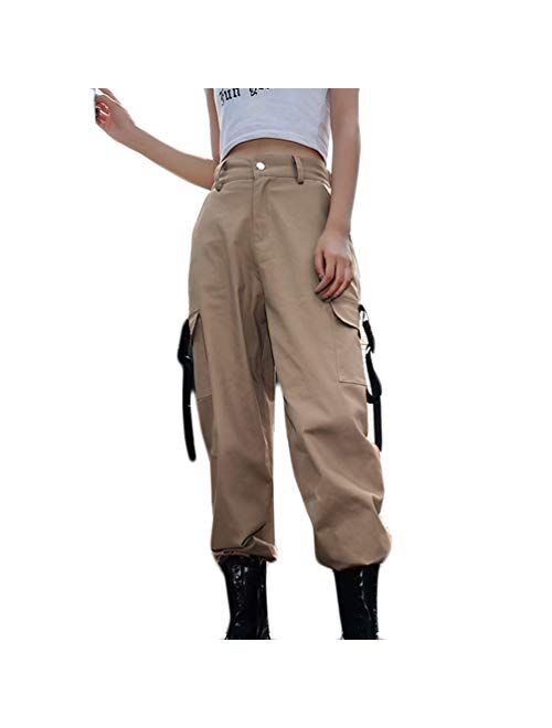 JEAAMKSSER Womens High Waisted Black Cargo Pants with Pockets Baggy Solid Y2k Streetwear Pants