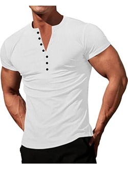 LOGEEYAR Mens Knit Stretch Henley Shirt Workout Slim Fit Short Sleeve Tees Athletic Muscle Casual T-Shirt