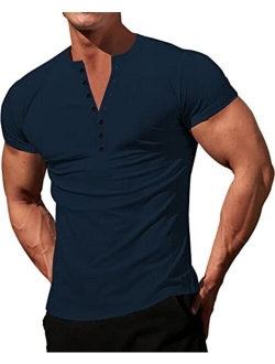 LOGEEYAR Mens Knit Stretch Henley Shirt Workout Slim Fit Short Sleeve Tees Athletic Muscle Casual T-Shirt