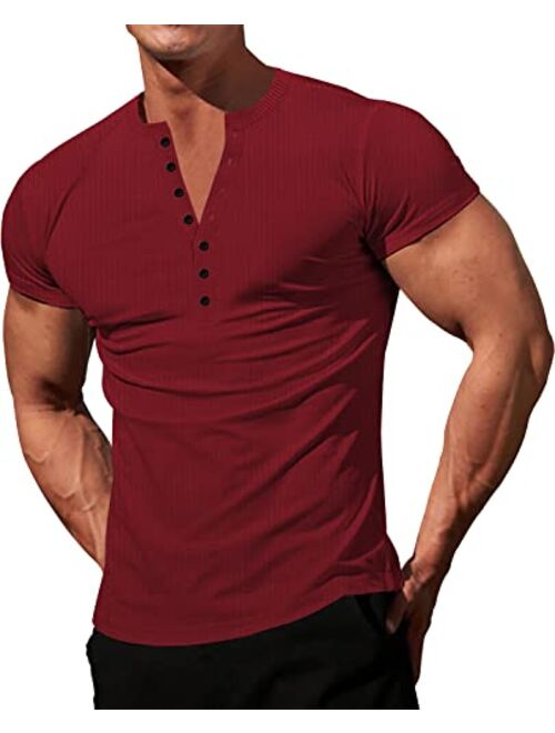 LOGEEYAR Mens Knit Stretch Henley Shirt Workout Slim Fit Short Sleeve Tees Athletic Muscle Casual T-Shirt