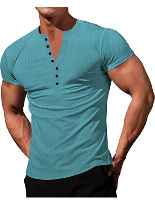 LOGEEYAR Mens Knit Stretch Henley Shirt Workout Slim Fit Short Sleeve Tees Athletic Muscle Casual T-Shirt