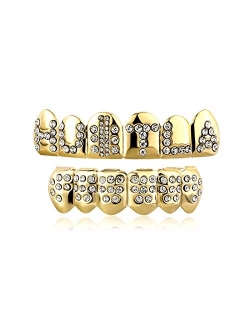 TOPGRILLZ 18K Plated Gold Grills Teeth Grillz for Men Women Iced Out Hip Hop Poker Diamond Top & Bottom Face Grills for Teeth Rapper Costume Cosplay