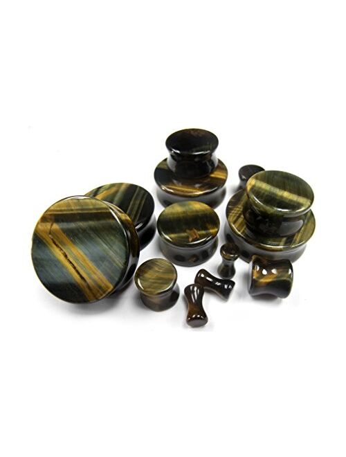 Urban Body Jewelry 1 Pair of 6 Gauge (6G - 4mm) Blue Tiger Eye Stone Plugs - Double Flare