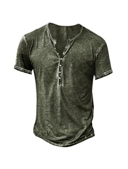 Beotyshow Mens Distressed Henley Shirts Retro Short/Long Sleeve Tee Shirts Casual Button Down Washed T-Shirts for Men