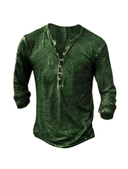 Beotyshow Mens Distressed Henley Shirts Retro Short/Long Sleeve Tee Shirts Casual Button Down Washed T-Shirts for Men