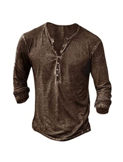 Beotyshow Mens Distressed Henley Shirts Retro Short/Long Sleeve Tee Shirts Casual Button Down Washed T-Shirts for Men