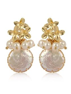 ELEXIS 18k Gold Baroque White Big Pearl Drop Earrings For Women Handmade Trendy Comfy Real Freshwater Pearls Aesthetic Life Tree Dangle Earrings Hypoallergenic Engaged We
