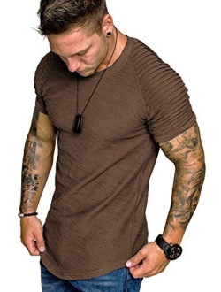 Men's Muscle T-Shirt Pleated Raglan Sleeve Bodybuilding Gym Tee Short Sleeve Fashion Workout Shirts Hipster Shirt