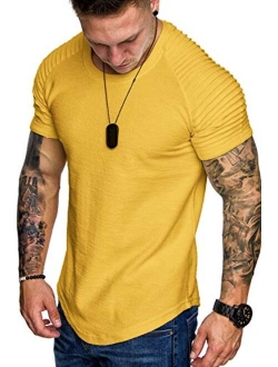 Men's Muscle T-Shirt Pleated Raglan Sleeve Bodybuilding Gym Tee Short Sleeve Fashion Workout Shirts Hipster Shirt