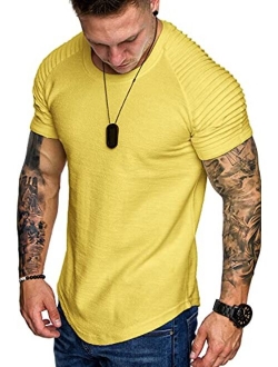 Men's Muscle T-Shirt Pleated Raglan Sleeve Bodybuilding Gym Tee Short Sleeve Fashion Workout Shirts Hipster Shirt