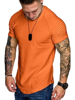 Men's Muscle T-Shirt Pleated Raglan Sleeve Bodybuilding Gym Tee Short Sleeve Fashion Workout Shirts Hipster Shirt