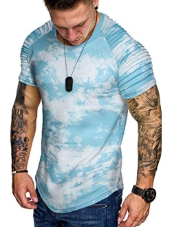 Men's Muscle T-Shirt Pleated Raglan Sleeve Bodybuilding Gym Tee Short Sleeve Fashion Workout Shirts Hipster Shirt