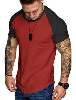 Men's Muscle T-Shirt Pleated Raglan Sleeve Bodybuilding Gym Tee Short Sleeve Fashion Workout Shirts Hipster Shirt