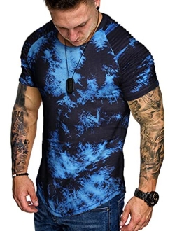 Men's Muscle T-Shirt Pleated Raglan Sleeve Bodybuilding Gym Tee Short Sleeve Fashion Workout Shirts Hipster Shirt