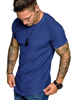 Men's Muscle T-Shirt Pleated Raglan Sleeve Bodybuilding Gym Tee Short Sleeve Fashion Workout Shirts Hipster Shirt