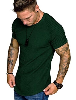 Men's Muscle T-Shirt Pleated Raglan Sleeve Bodybuilding Gym Tee Short Sleeve Fashion Workout Shirts Hipster Shirt