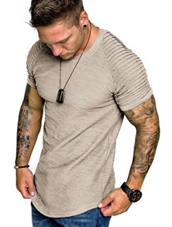 Men's Muscle T-Shirt Pleated Raglan Sleeve Bodybuilding Gym Tee Short Sleeve Fashion Workout Shirts Hipster Shirt