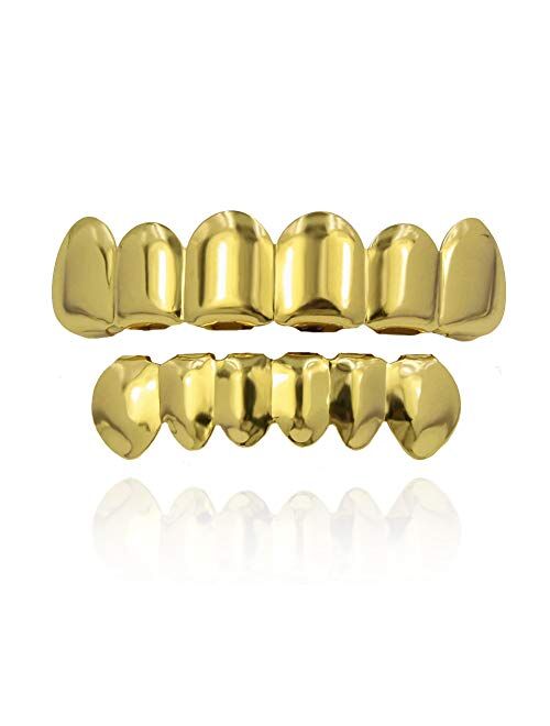 TOPGRILLZ Gold Grills for Your Teeth 18K Gold Plated Hip Hop Custom Fit Polished Teeth Grillz for Men and Women with 4 Silicon Molding Bars Rapper Costume