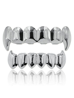 JINAO 18K Gold Silver Plated Hip Hop Vampire Fangs Top Bottom Teeth Grillz Set for Men and Women