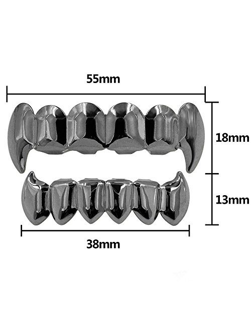 JINAO 18K Gold Silver Plated Hip Hop Vampire Fangs Top Bottom Teeth Grillz Set for Men and Women