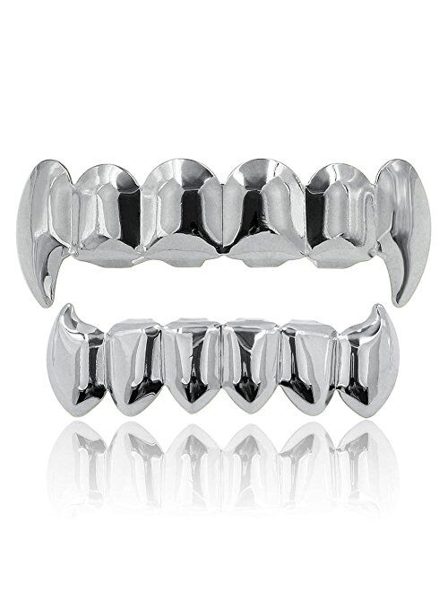 JINAO 18K Gold Silver Plated Hip Hop Vampire Fangs Top Bottom Teeth Grillz Set for Men and Women