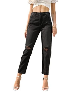 OFLUCK Women High-Waisted Straight Cropped Ripped Jeans，Boyfriend Distressed Stretch Denim Pants